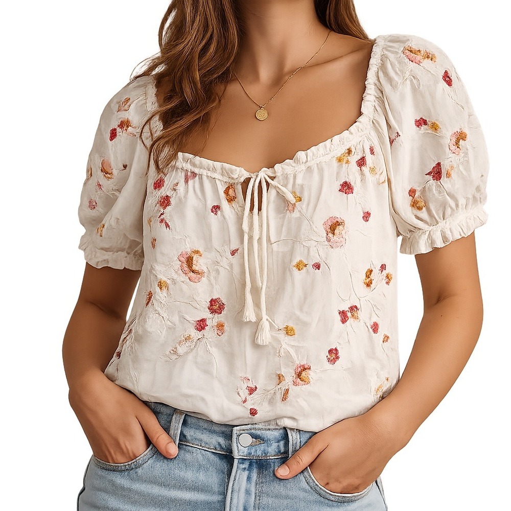 Sezane Gabriella Embroidered Floral Blouse 36 XS White Puff Sleeve Cottagecore